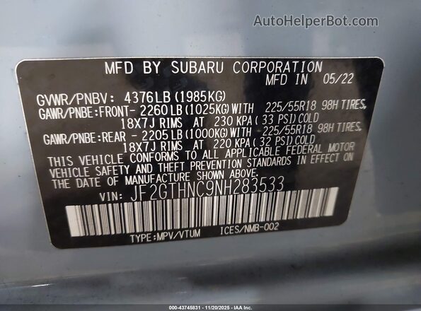 JF2GTHNC9NH283533 2022 SUBARU CROSSTREK Gray Вид підкапотного простору