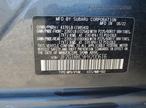 JF2GTHRC9PH200616 2023 SUBARU CROSSTREK Gray Vista de la etiqueta del VIN