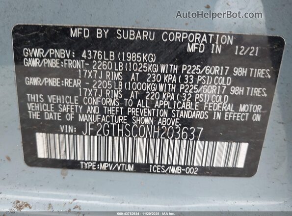 JF2GTHSC0NH203637 2022 SUBARU CROSSTREK Синий Вид подкапотного пространства