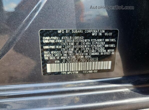 JF2GTHSC2NH218818 2022 SUBARU CROSSTREK Gray Widok naklejki z numerem VIN