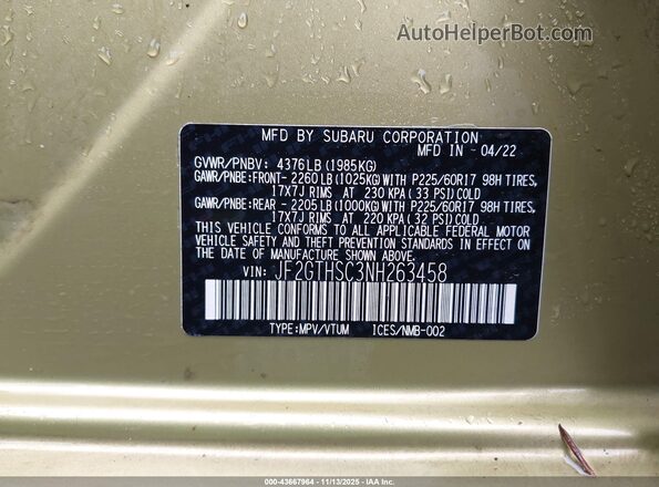 JF2GTHSC3NH263458 2022 SUBARU CROSSTREK Green Engine compartment view