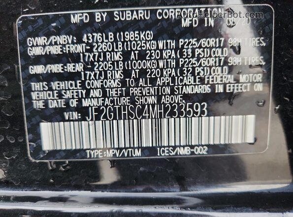 JF2GTHSC4MH233593 2021 SUBARU CROSSTREK Black 