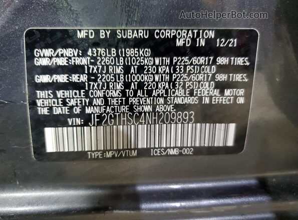 JF2GTHSC4NH209893 2022 SUBARU CROSSTREK Charcoal Vista interior de 360 grados