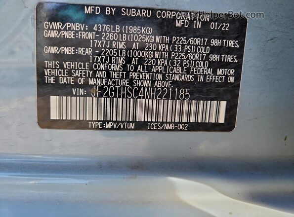 JF2GTHSC4NH221185 2022 SUBARU CROSSTREK Blue VIN კოდის სტიკერის ხედი
