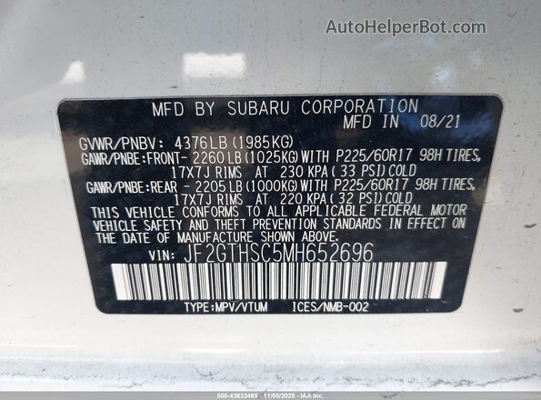 JF2GTHSC5MH652696 2021 SUBARU CROSSTREK White Widok komory silnika