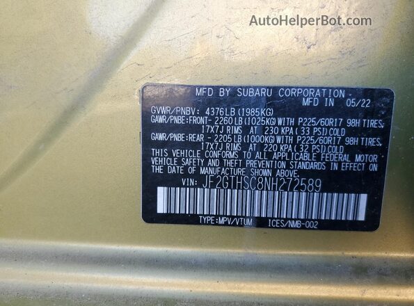 JF2GTHSC8NH272589 2022 SUBARU CROSSTREK Green ძრავის განყოფილების ხედი