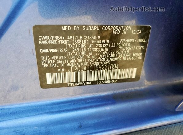 JF2GUABC1SH221094 2025 SUBARU CROSSTREK Blue Vista de la etiqueta del VIN