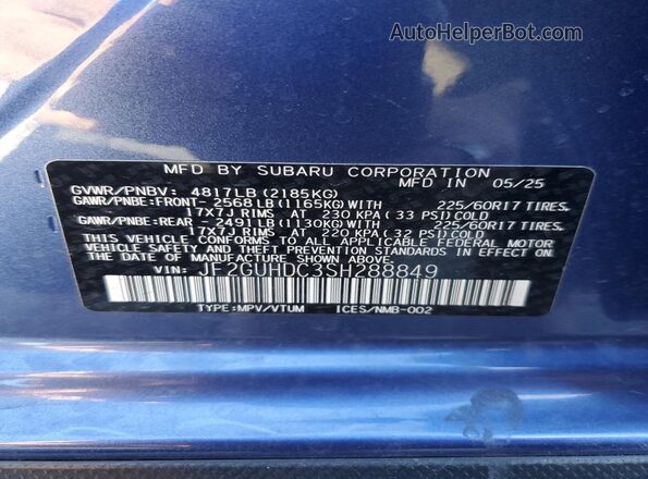 JF2GUHDC3SH288849 2025 SUBARU CROSSTREK Blue 