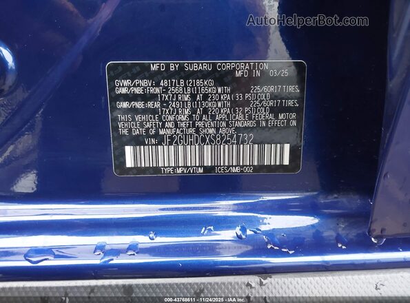 JF2GUHDCXS8254732 2025 SUBARU CROSSTREK Синий Вид подкапотного пространства