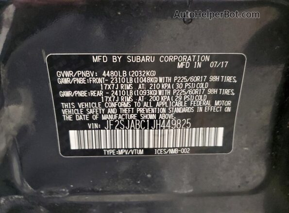 JF2SJABC1JH449825 2018 SUBARU FORESTER 2.5 Gray VIN კოდის სტიკერის ხედი