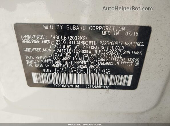 JF2SJABC6JH607768 2018 SUBARU FORESTER 2.5 White 