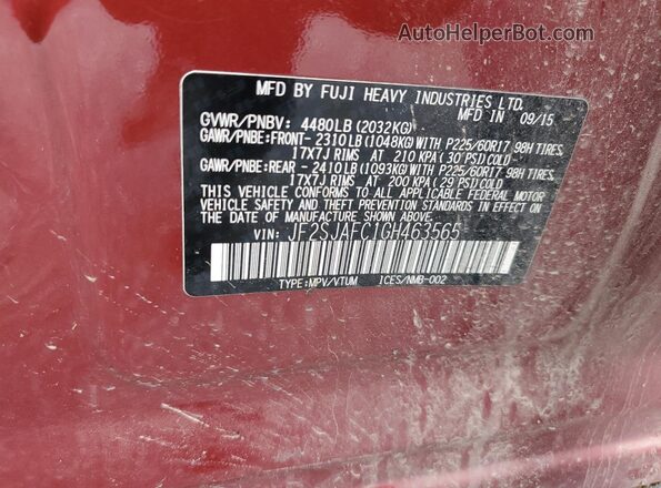 JF2SJAFC1GH463565 2016 SUBARU FORESTER 2.5 Red VIN sticker view