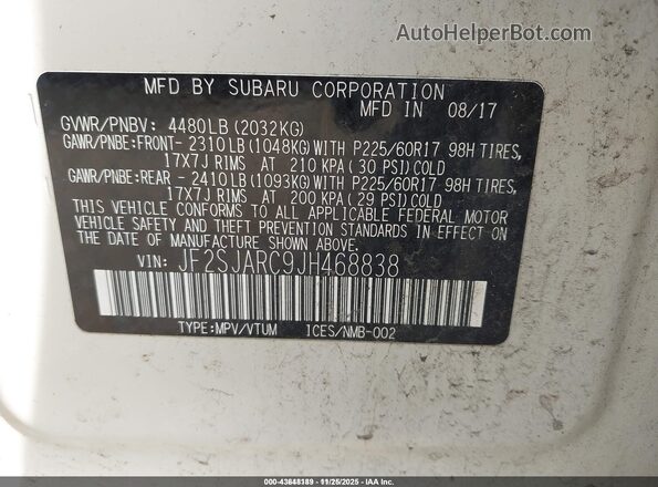 JF2SJARC9JH468838 2018 SUBARU FORESTER 2.5 White Engine compartment view