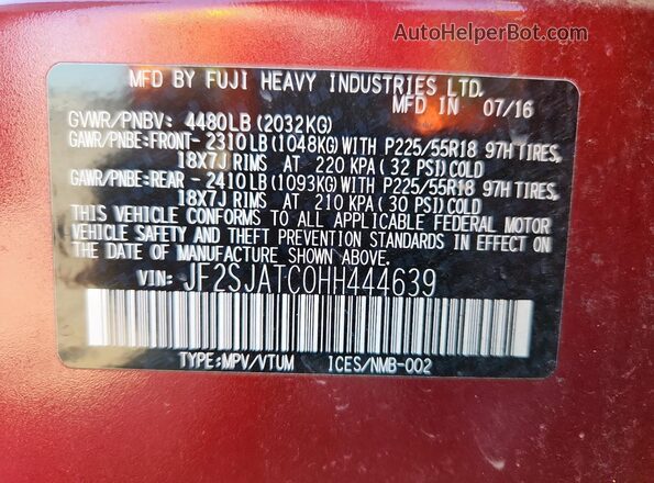 JF2SJATC0HH444639 2017 SUBARU FORESTER 2.5I TO Темно-бордовый Вид наклейки с VIN-кодом