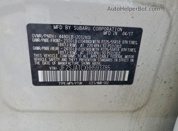 JF2SJATCXHH593785 2017 SUBARU FORESTER 2.5I TO White Widok naklejki z numerem VIN