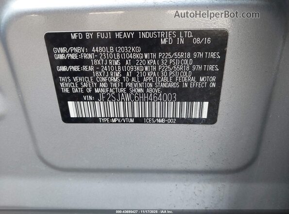 JF2SJAWC6HH464003 2017 SUBARU FORESTER 2.5I TO Silver Vista del compartimento del motor