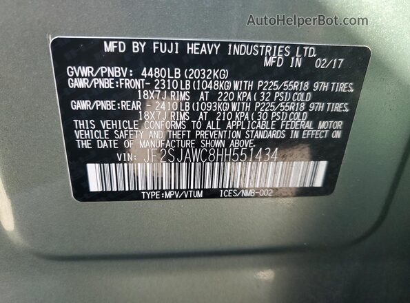 JF2SJAWC8HH551434 2017 SUBARU FORESTER 2.5I TO Green 