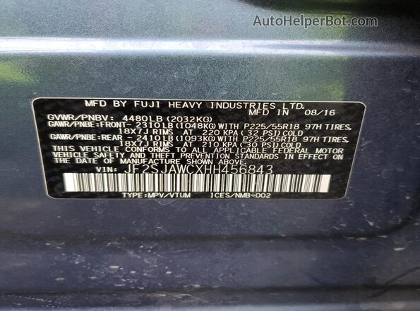 JF2SJAWCXHH456843 2017 SUBARU FORESTER 2.5I TO Blue Vista de la etiqueta del VIN