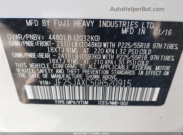JF2SJAXC5GH520915 2016 SUBARU FORESTER 2.5I TO White Widok komory silnika