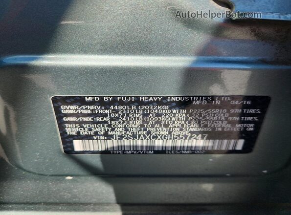JF2SJAXCXGH557247 2016 SUBARU FORESTER 2.5I TO Green VIN კოდის სტიკერის ხედი