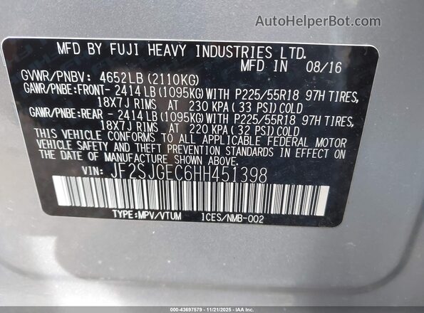 JF2SJGEC6HH451398 2017 SUBARU FORESTER2. Silver Vista del compartimento del motor