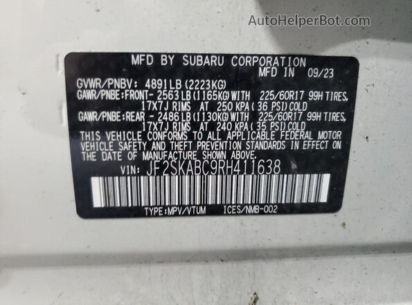 JF2SKABC9RH411638 2024 SUBARU FORESTER White 360 interior view