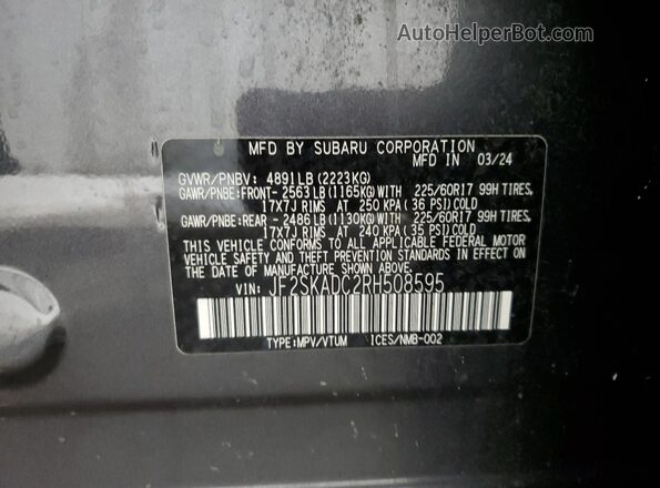 JF2SKADC2RH508595 2024 SUBARU FORESTER Gray Vista interior de 360 grados