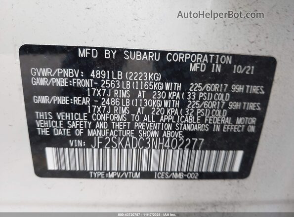 JF2SKADC3NH402277 2022 SUBARU FORESTER White Vista del compartimento del motor