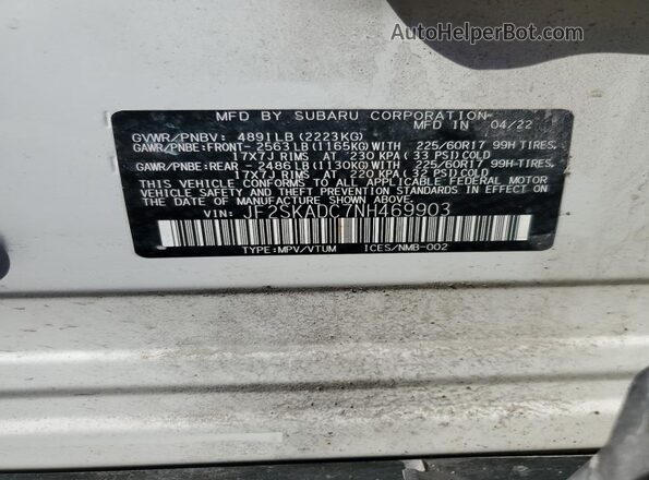 JF2SKADC7NH469903 2022 SUBARU FORESTER Белый Вид наклейки с VIN-кодом