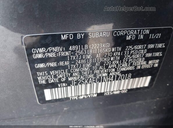JF2SKAEC1NH417018 2022 SUBARU FORESTER Серый Вид подкапотного пространства