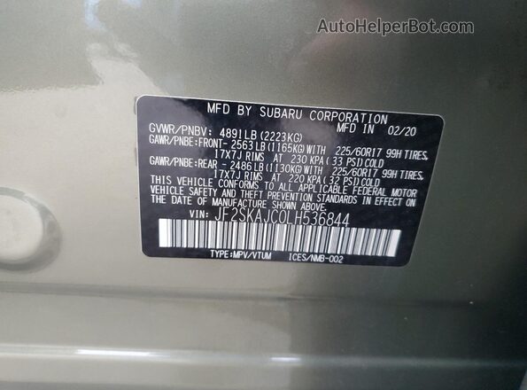 JF2SKAJC0LH536844 2020 SUBARU FORESTER Green Вид наклейки з VIN-кодом