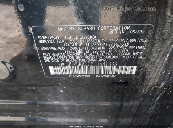 JF2SKAJC2LH581333 2020 SUBARU FORESTER Black Вид підкапотного простору