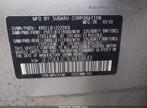 JF2SKAJC3LH438648 2020 SUBARU FORESTER Silver Widok komory silnika
