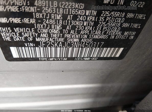 JF2SKAJC3NH450317 2022 SUBARU FORESTER Серебряный Вид подкапотного пространства