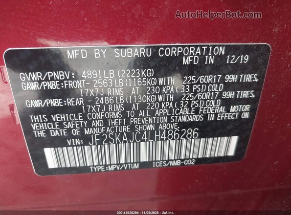 JF2SKAJC4LH486286 2020 SUBARU FORESTER Red Engine compartment view