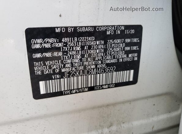 JF2SKAJC8MH463692 2021 SUBARU FORESTER White Widok komory silnika
