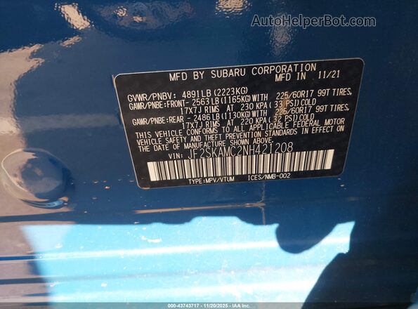 JF2SKAMC2NH421208 2022 SUBARU FORESTER Blue Widok komory silnika