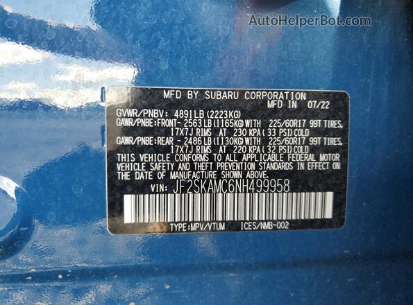 JF2SKAMC6NH499958 2022 SUBARU FORESTER Blue Vista interior de 360 grados