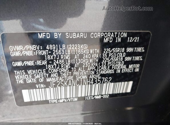 JF2SKANC1NH435762 2022 SUBARU FORESTER Серый Вид подкапотного пространства