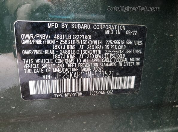 JF2SKAPC7NH523521 2022 SUBARU FORESTER Green Вид наклейки з VIN-кодом