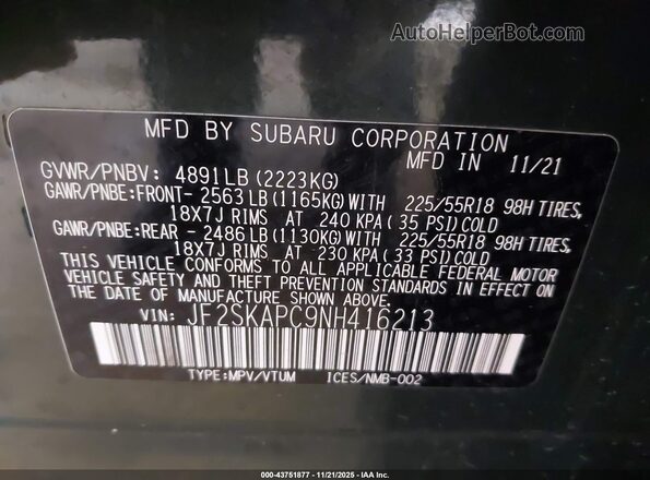 JF2SKAPC9NH416213 2022 SUBARU FORESTER Green Вид підкапотного простору