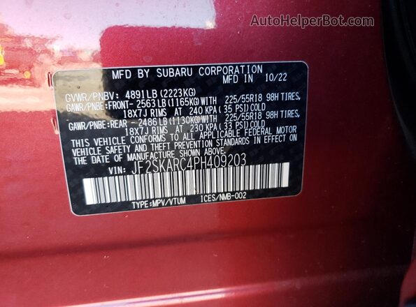 JF2SKARC4PH409203 2023 SUBARU FORESTER Red Вид наклейки з VIN-кодом