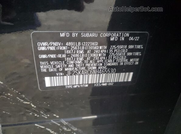 JF2SKARC6NH465530 2022 SUBARU FORESTER Черный Вид наклейки с VIN-кодом