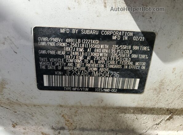 JF2SKARC7MH504236 2021 SUBARU FORESTER White 