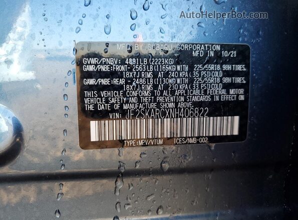 JF2SKARCXNH406822 2022 SUBARU FORESTER Blue 