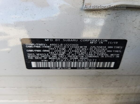 JF2SKASC1LH452871 2020 SUBARU FORESTER White Vista interior de 360 grados