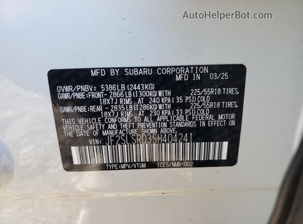 JF2SLSRD3SH404241 2025 SUBARU FORESTER White VIN კოდის სტიკერის ხედი