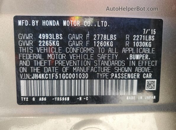 JH4KC1F51GC001030 2016 ACURA RLX Tan Вид підкапотного простору