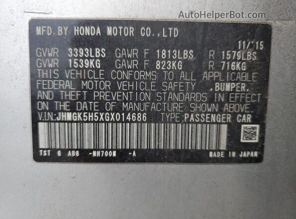 JHMGK5H5XGX014686 2016 HONDA FIT Silver Vista de la etiqueta del VIN