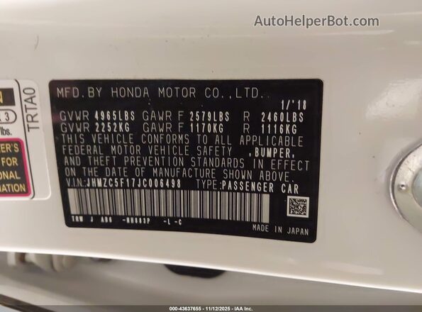 JHMZC5F17JC006498 2018 HONDA CLARITY White Շարժիչի բաժամունքի տեսք